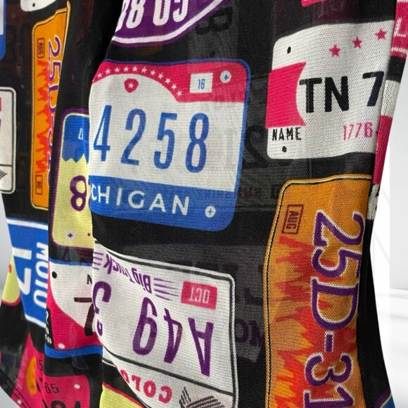 DAY G Retro Y2K License Plate Print Sheer Zipper Bodysuit Leotard - Rare Pop Art - Picture 5 of 13